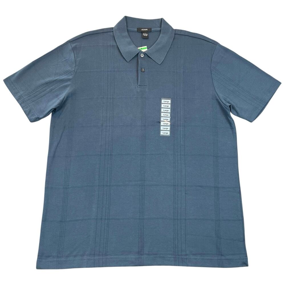 NWT Alfani Men’s Slate Blue Windowpane Cotton Polo Shirt Large